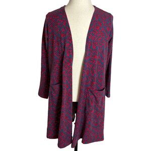 LuLuRoe Sarah Duster Cardigan Sweater, Size Large, Red/Blue Floral Leaf, Pockets